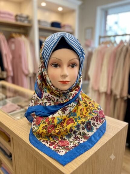 Women’s Vibrant Blue-and-White Striped Scarf with Rich Floral Patterns