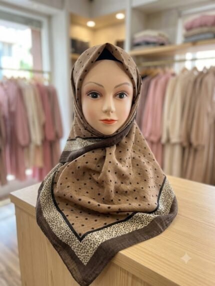 Women’s Patterned Tan & Brown Stole with Polka Dots & Leopard-Print Borders