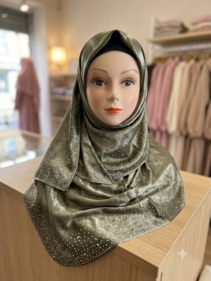 Luxurious Shimmering Olive-Gold Stole with Embellished Rhinestone Borders