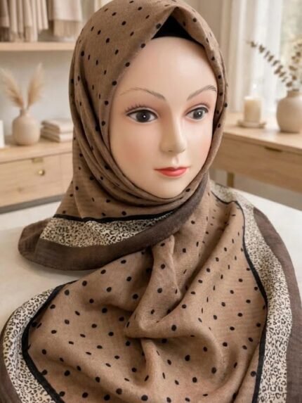 Mocha Polka Dot & Leopard Border Premium Square Hijab Scarf