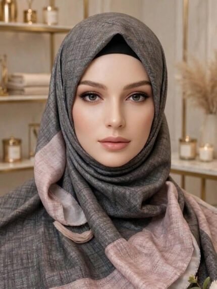 Slate Grey & Dusty Rose Linen-Textured Maxi Square Hijab Scarf