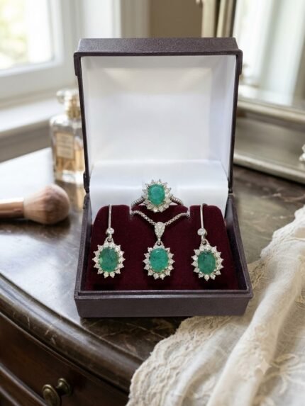 Royal Green Emerald Oval Halo Jewelry Set
