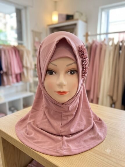 Children’s Instant Pink Hijab with Matching Inner Cap & Rosette Accents