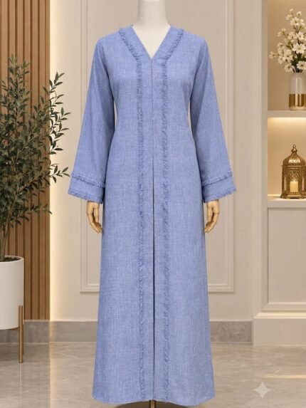 Cerulean Linen-Blend Fringed Trim Monto