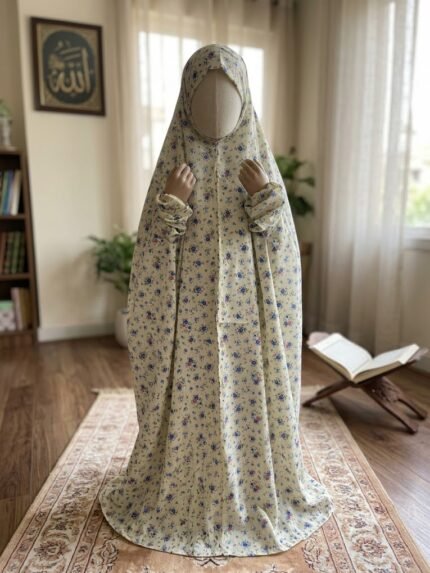 Kids Floral Namaz Chadar (Prayer Dress) in Cream & Blue