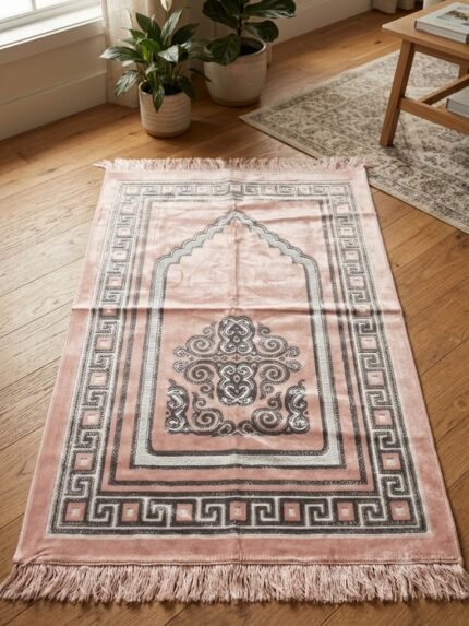 Original Turkish Velvet Janamaz in Blush Pink and Silver