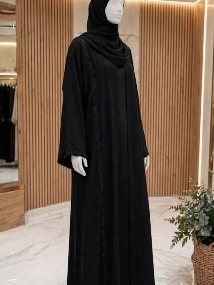 The Noor Shimmering Beaded Trim Midnight Jet Black Abaya