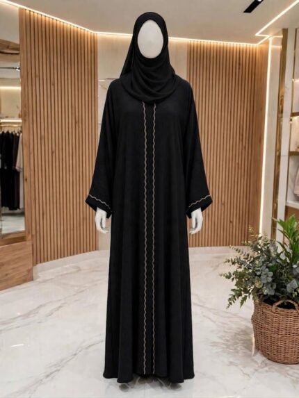 The Noor Wave-Embroidered Midnight Jet Black Abaya