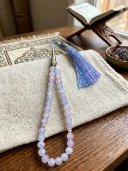 Natural Lavender Agate "Safa" Tasbeeh (33 Beads) with Iridescent Blue