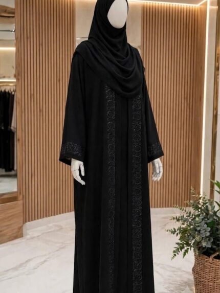 The Noor Intricate Crystal Beaded Velvet-Trim Midnight Jet Black Abaya