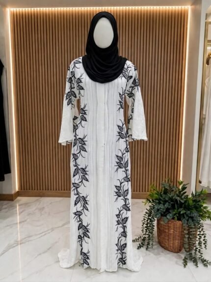 The Yasmin Botanical-Embroidered Crinkle Linen Abaya