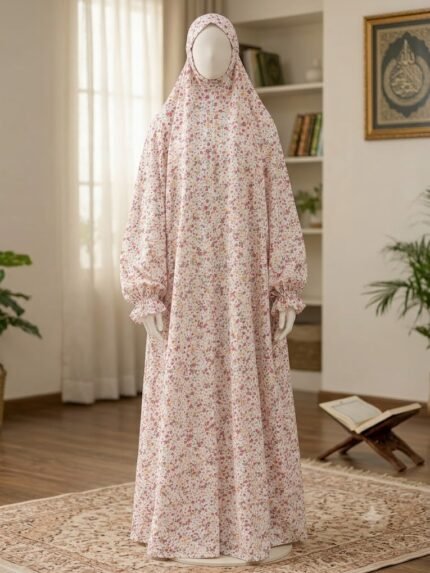 Women’s Floral Namaz Chadar (Prayer Dress) in Pink & Cream