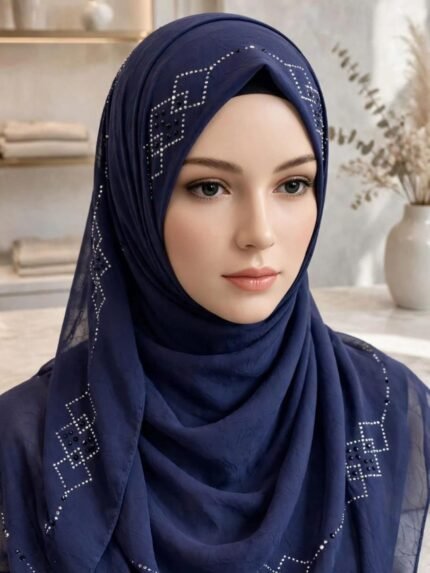 Midnight Navy Diamond Rhinestone Embellished Chiffon Stole