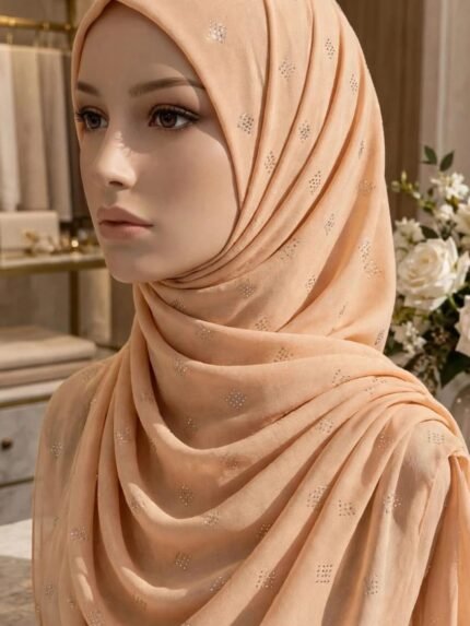 Peach Shimmer Rhinestone Embellished Premium Chiffon Stole