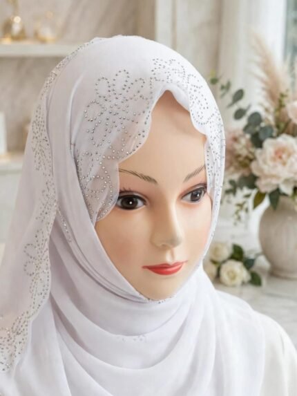 Pure White Floral Rhinestone Scalloped Bridal Chiffon Stole