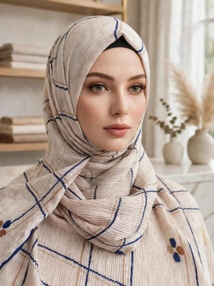 Oatmeal Windowpane Crinkle Cotton-Modal Stole