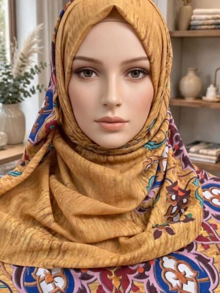 Mustard Gold Persian Arabesque Border Printed Cotton-Linen Stole