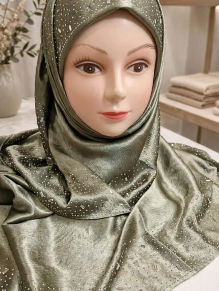 Sage Olive Crystal-Dusted Silk-Satin Luxury Stole