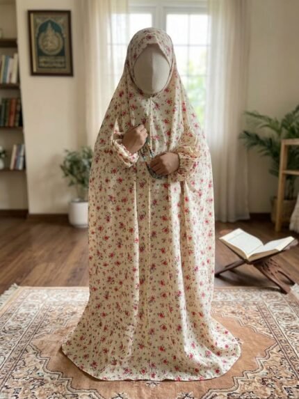 Kids Floral Namaz Chadar (Prayer Dress) in Cream & Red