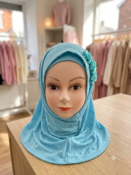Children’s Instant Sky Blue Hijab with Matching Inner Cap & Rosette Accents
