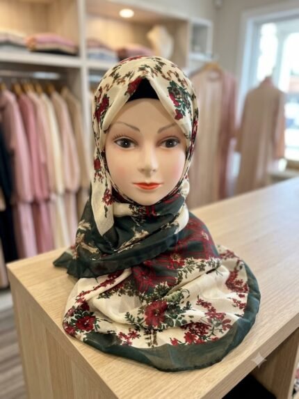 Women’s Elegant Cream & Dark Green Floral Patterned Scarf / Hijab