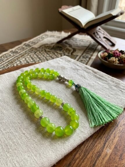 Natural Bright Lime-Green Agate (Aqeeq) 33-Bead Tasbeeh