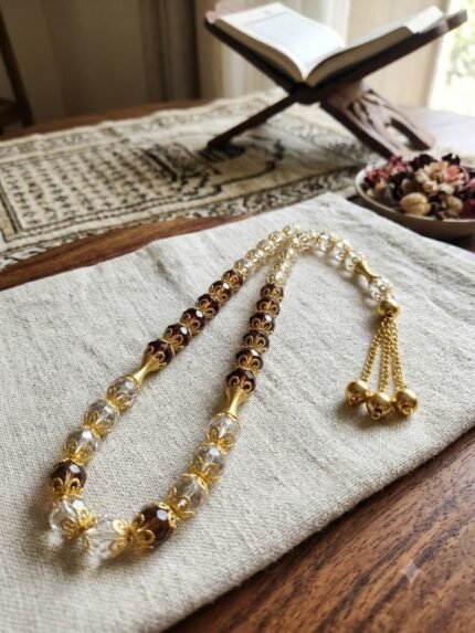 Ornate Clear & Brown/Amber Filigree 33-Bead Tasbeeh