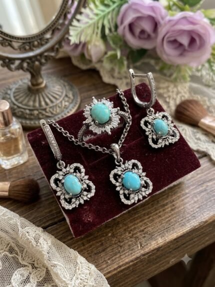 Natural Sky-Blue Firoza (Turquoise) Filigree Clover & Sunburst Jewelry Suite