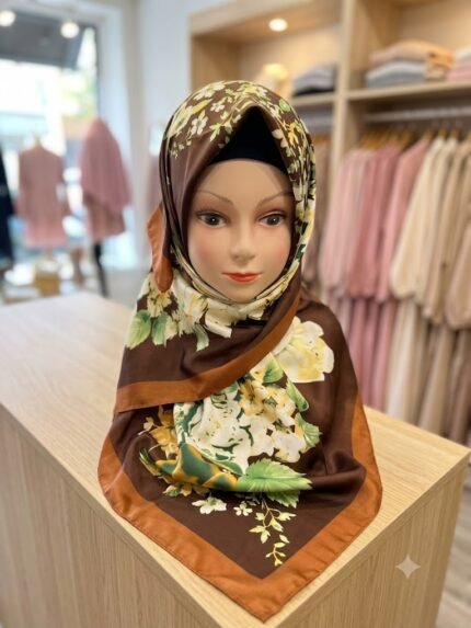 Women's Elegant Chocolate Brown Silk-Style Floral Scarf / Hijab with Copper Border