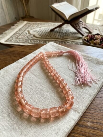 Natural Peach "Noor" Block Agate Tasbeeh (33 Beads) with Pale Pink