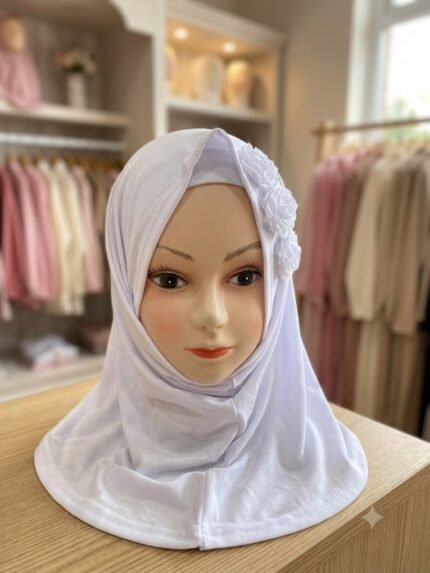 Children’s Instant White Hijab with Matching Inner Cap & Rosette Accents