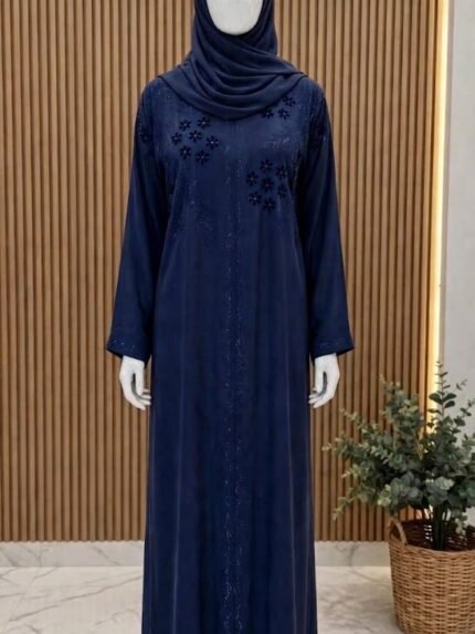 The Noor Midnight Navy Floral Appliqué & Beaded Abaya