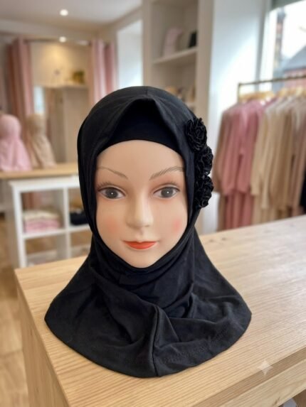 Children’s Instant Black Hijab with Matching Inner Cap & Rosette Accents