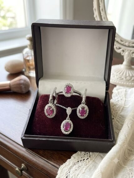 Royal Crimson Ruby (Yaqoot) Halo Jewelry Suite