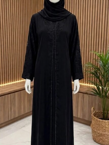 The Noor Lace Yoke & Pearl Accent Midnight Jet Black Abaya